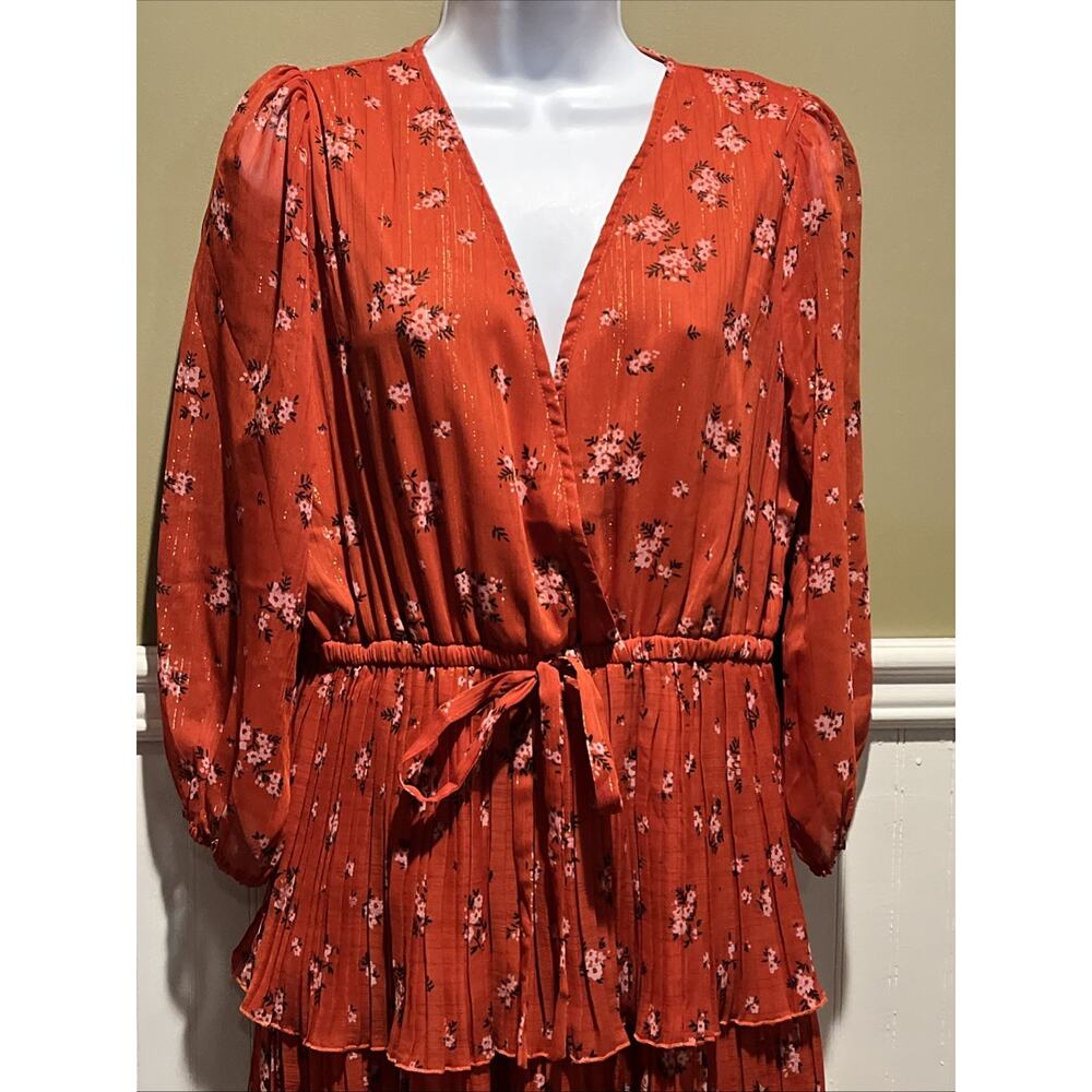 Alice Blue NWT Rust Orange Floral Ruffled V Neck Long Dress 3/4 Balloon Sleeve - Picture 2 of 11